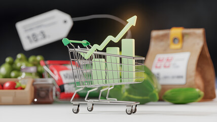 An empty shopping cart in a grocery store aisle with a rising arrow graph, symbolizing increasing grocery prices and inflation trends.