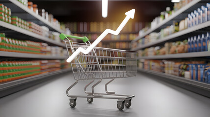 An empty shopping cart in a grocery store aisle with a rising arrow graph, symbolizing increasing grocery prices and inflation trends.
