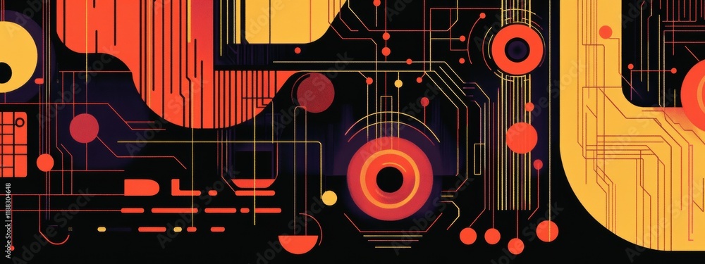 Poster dynamic tech banner, featuring vibrant patterns, intricate circuit lines, and elements of digital in