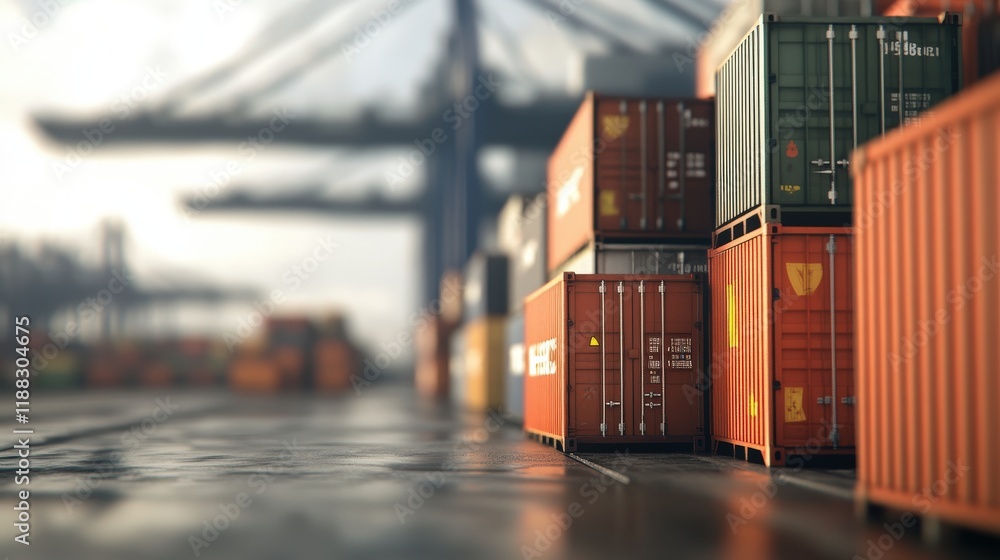 Poster industrial port scene with colorful cargo containers stacked neatly, soft focus on containers with h