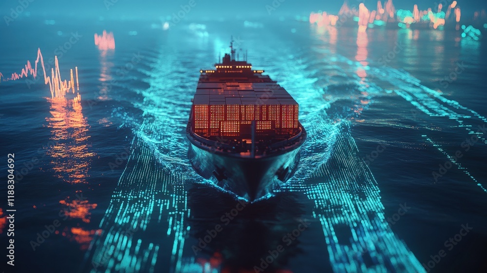 Aufkleber futuristic container ship navigating through digital waves while tracing light trails in urban water