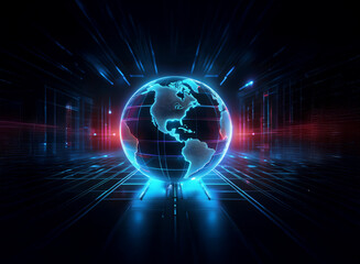 A glowing digital globe hovers above a futuristic circuit board, radiating blue and red light.  Lines of energy converge towards it, symbolizing global connectivity and technological advancement.