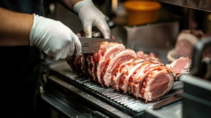 Industrial-grade machines slicing pork in a clean factory setting, providing ample copy space for text or branding