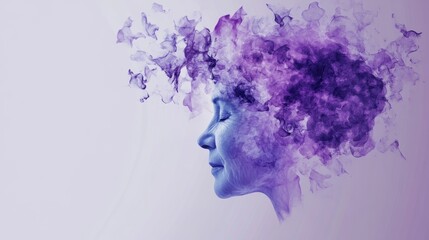 Dreamy elderly woman with ethereal purple smoke art