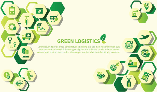 The concept of green logistics and supply chain with icons. Sustainable development, economy and clean, greenhouse-free transport in the form of electric, hybrid or hydrogen propulsion vector.