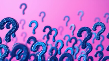 Obraz premium A sea of glittering blue question marks floats against a vibrant pink backdrop, symbolizing an ocean of curiosity and the endless quest for answers.