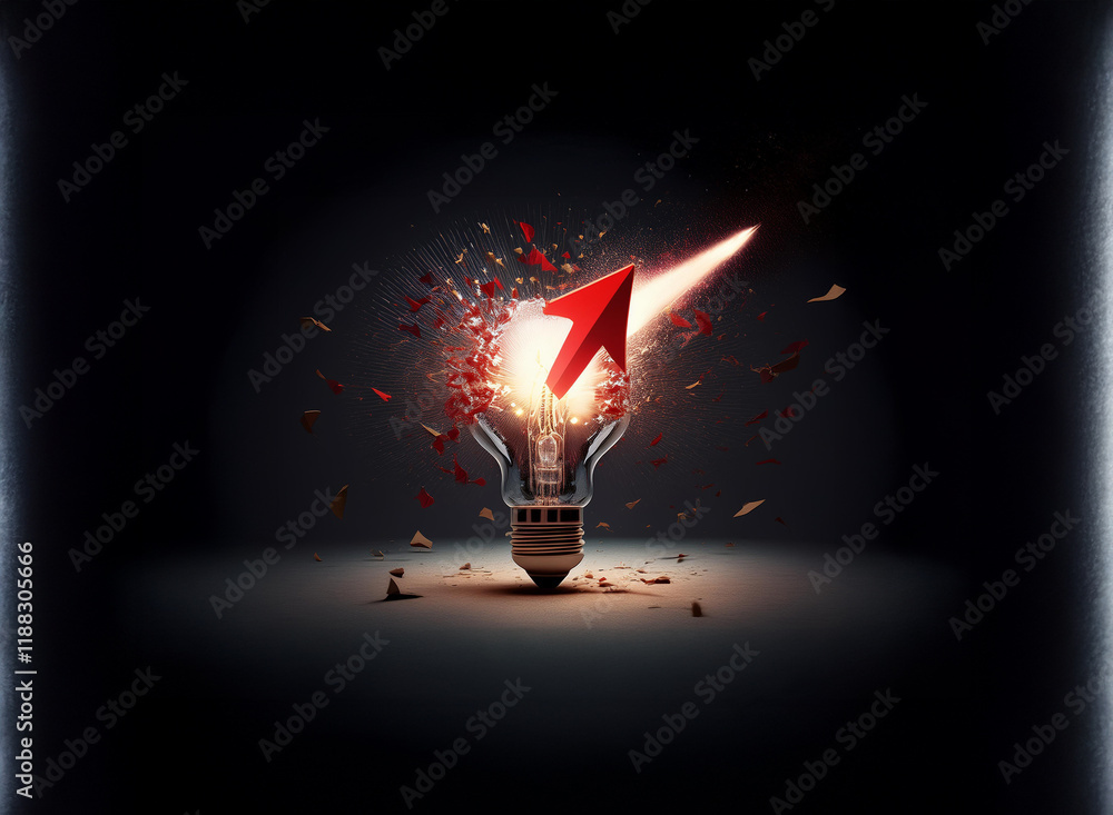 Poster a red arrow explodes from a shattered lightbulb, symbolizing a breakthrough idea and innovative thin