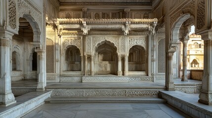 Obraz premium The intricate marble cenotaph of Jaswant Thada, framed against Mehrangarh Fort at dusk, with space for text or design
