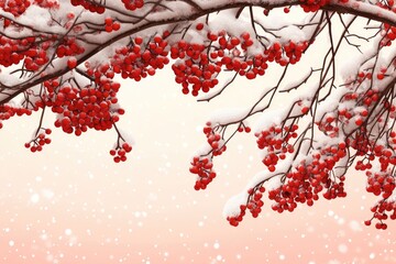 bunches of mountain ash on branches under the snow. Red and white background.