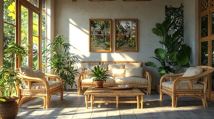 Living room with bamboo furniture, potted plants, and serene decor
