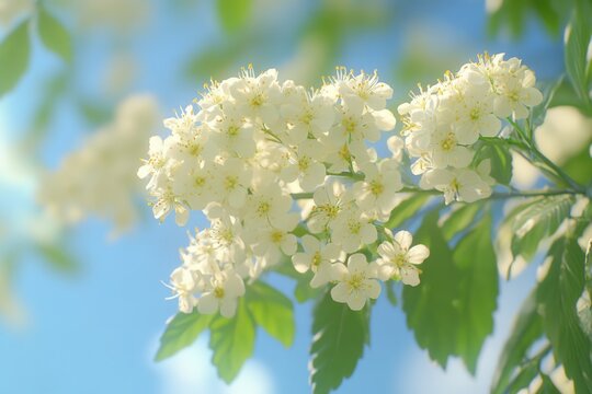 White Rowan flowers in dense corymbose inflorescences on branches.