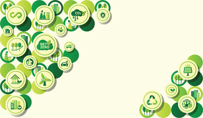 Net zero and carbon neutral concept. Net zero greenhouse gas emissions target. Climate neutral long term strategy with green net zero icons. Environment web banner with green city vector template.