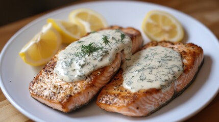 A salmon steak meal styled for a food magazine, paired with seasonal vegetables and wine.