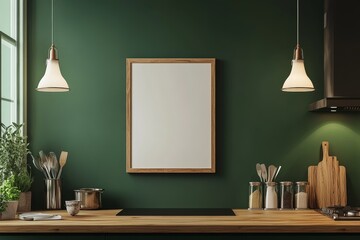Blank frame mockup in modern green kitchen.