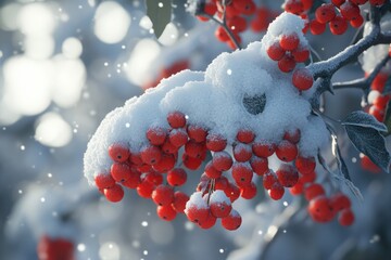 Red bunches of rowan covered with the first snow