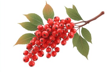 red cluster of rowan berries with leaves isolated on white