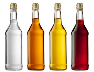 Set of a glass bottle with different color liquids. Isolated on a white background. Alcohol drinks: gin, vodka, brandy, rum, liqueur, whisky.