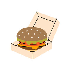 Delicious burger in cardboard box. Traditional American fast food. Vector illustration.