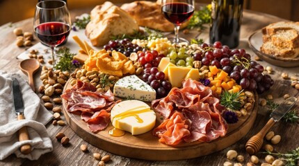 Rustic charcuterie board with cheese and wine on wooden table setting