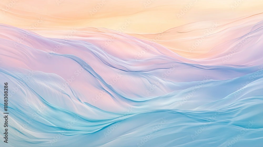 Poster A gentle abstract background with soft pastel waves creating a calming and serene design. Copy space available.