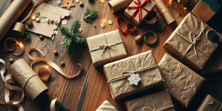 Rustic Craft Table with Gift Wrapping Supplies and Presents