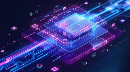 Futuristic neon circuit board with glowing tech components