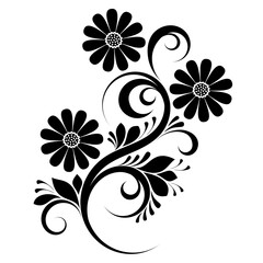 black decorative ornament with silhouette of flowers, swirls and leaves, floral design element