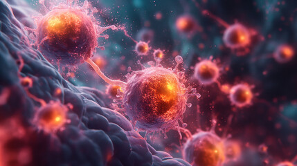 Colorful microscopic view of cells interacting in a surreal environment. Generative AI