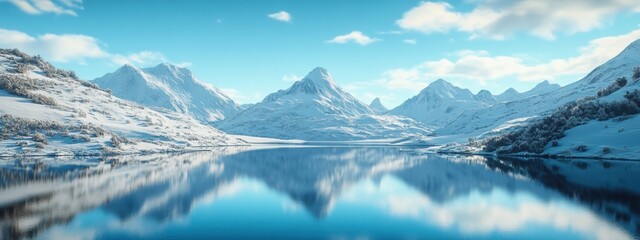 Obraz premium Tranquil Mountain Lake, crystal-clear water mirrors snowy peaks, a serene escape into nature's beauty and calm.