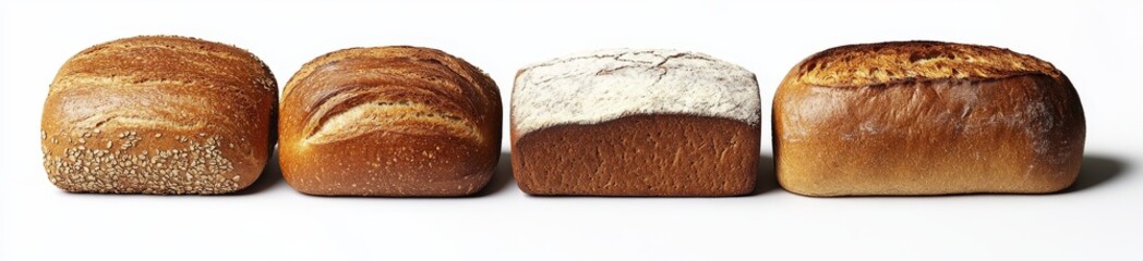 Four loaves of bread in a row, showcasing variety in shape, size, and crust.