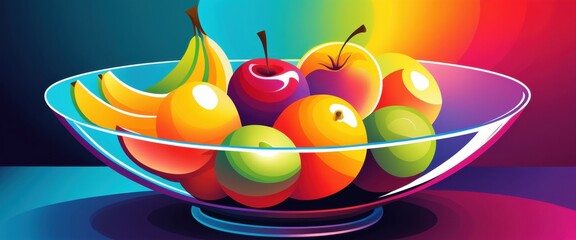 Vibrant fruit bowl with colorful bananas, apples, and oranges in modern art style