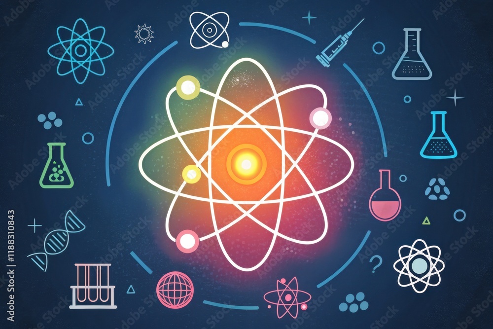 Poster colorful atomic structure and science icons on a dark background