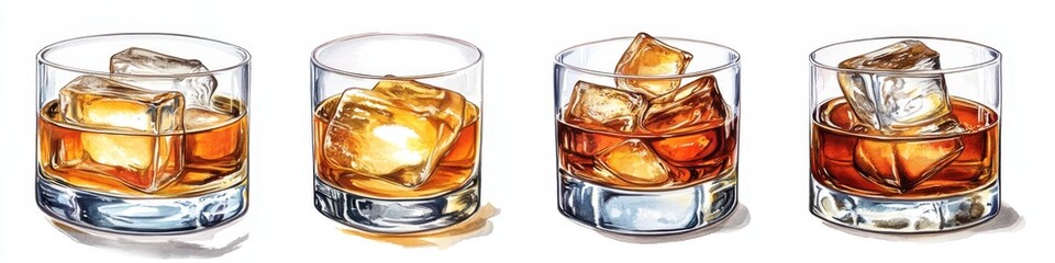 Four glasses of whiskey on the rocks.
