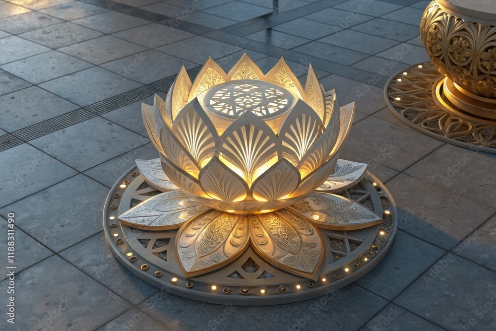 Poster intricate golden lotus lamp illuminating an elegant patterned floor