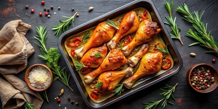 Juicy baked chicken drumsticks on a baking sheet in the oven with herbs and spices, kitchen essentials, baked chicken drumsticks