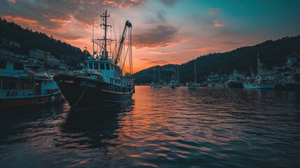 Dramatic sunset over harbor with fishing boats.