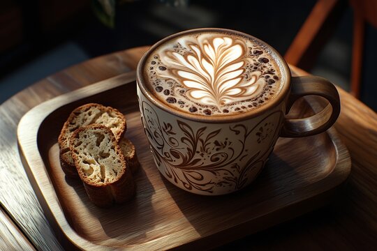 A latte with intricate art served on a wooden tray with a side of biscotti on a caffa table.