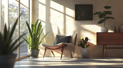 Sunlit living room with armchair, plants, and mid-century modern furniture.