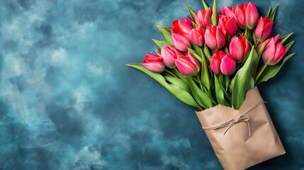 Beautiful composition spring flowers. Bouquet of pink, red, blue, white, purple tulips flowers on pastel pink background. Valentine's Day, Easter, Birthday, Happy Women's Day, Mother's Day. Flat lay, 
