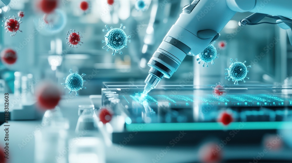 Poster Advanced robotic arm using precision technology to analyze viral samples in a futuristic laboratory environment with floating pathogens in the background