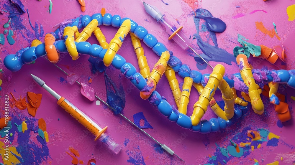 Poster colorful artistic representation of dna structure featuring bright syringes and paint splashes on a 