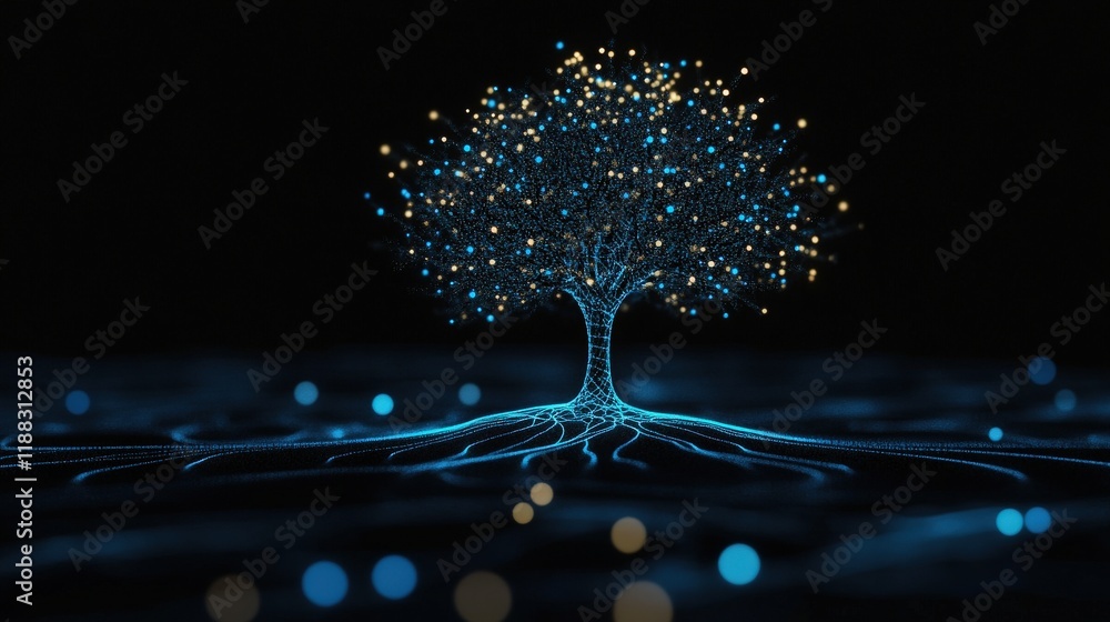 Poster abstract digital tree with glowing lights and network effect, representing connection, growth, natur