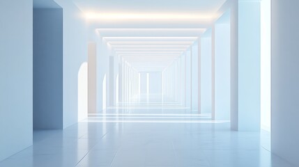 Obraz premium Bright, minimalist hallway with soft light and reflective floor.