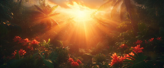 A lush forest at dawn, with rays of sunlight penetrating through the trees, symbolizing hope and renewal.
