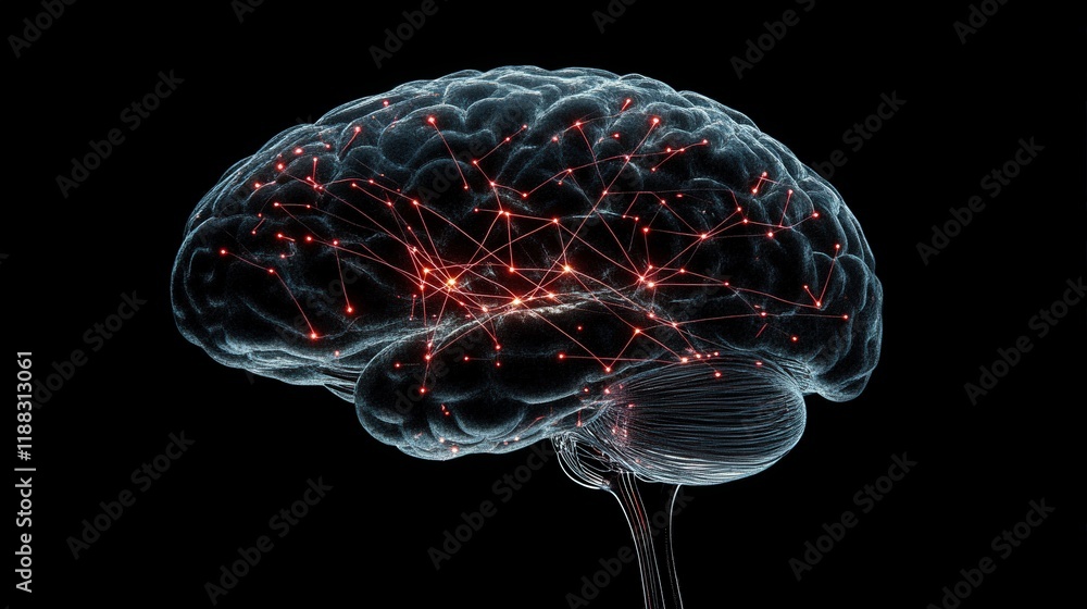 Poster futuristic visualization of a human brain with neural connections and glowing network effects in a d