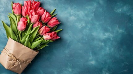 Beautiful composition spring flowers. Bouquet of pink, red, blue, white, purple tulips flowers on pastel pink background. Valentine's Day, Easter, Birthday, Happy Women's Day, Mother's Day. Flat lay, 