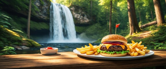 Obraz premium Juicy cheeseburger and fries by a serene forest waterfall picnic setting