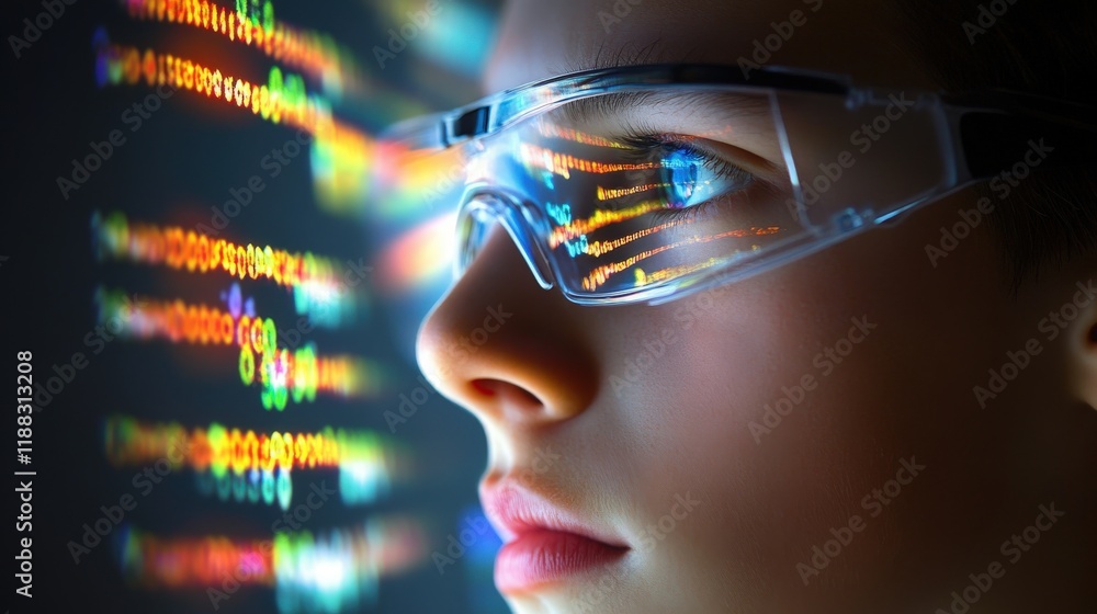 Poster futuristic vision technology concept with young person wearing smart glasses observing colorful data