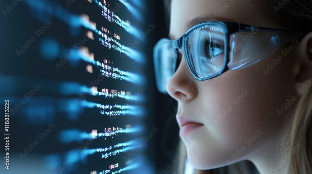 Poster Young Girl Focused on Coding and Programming in a Tech Environment with Digital Code Reflections Enhancing Her Learning Experience