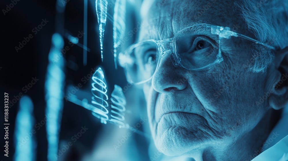Aufkleber elderly scientist analyzing high-tech data projections in a futuristic laboratory, reflecting wisdom